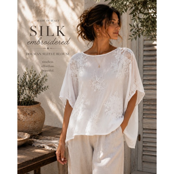MADE IN ITALY Tops - Made in Italy Silk Embroidered Dolman Sleeve Lagenlook Boho Blouse